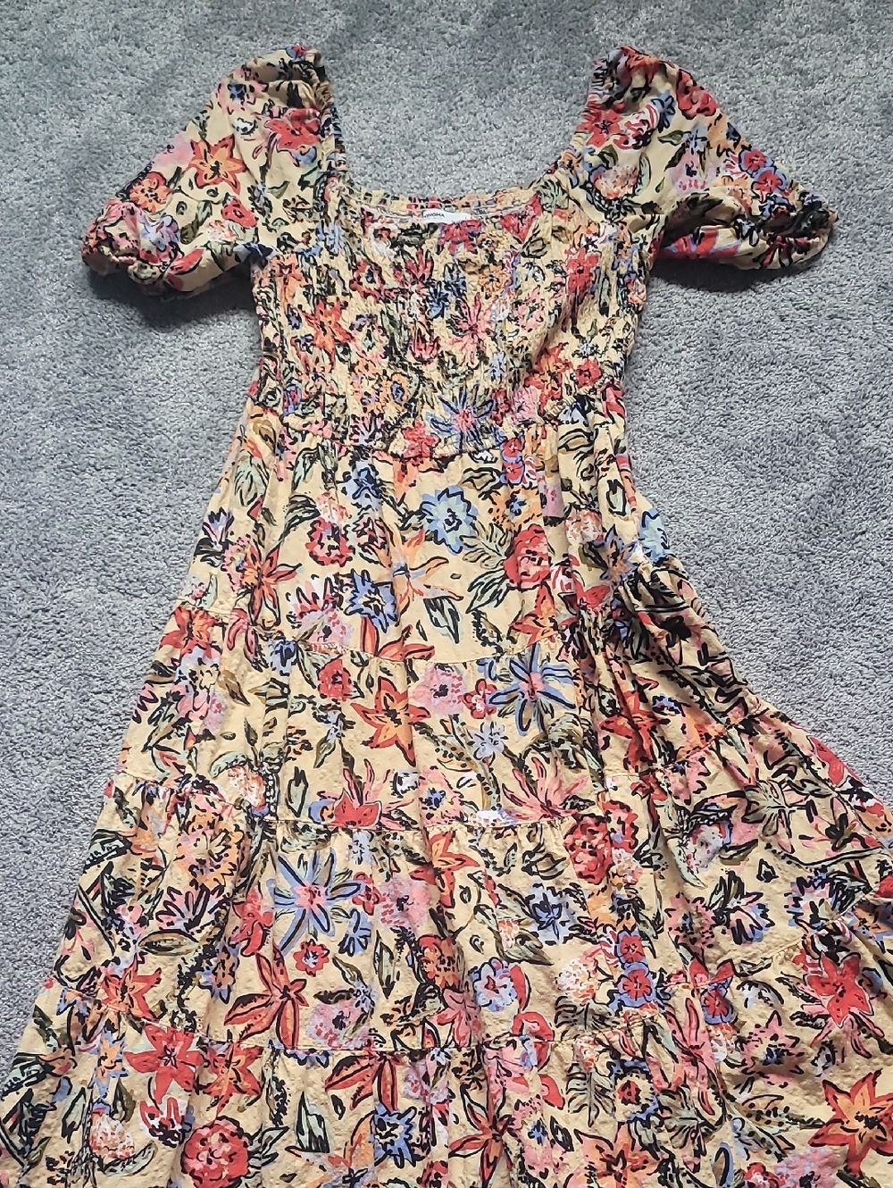 Sonoma Yellow Floral Puff-Sleeve Midi Dress